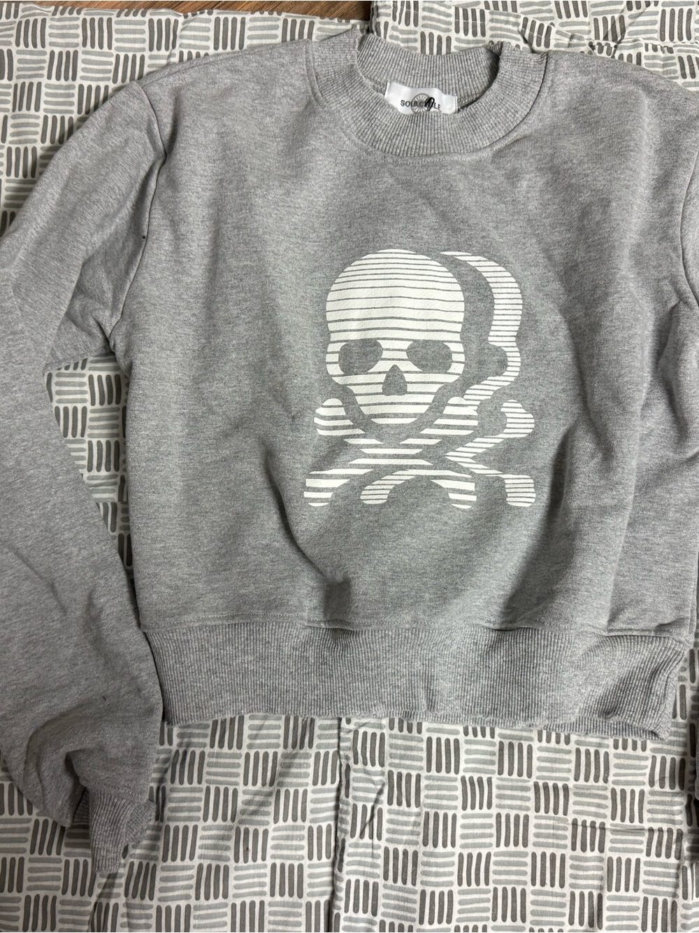 soulcycle Gray Crewneck Sweatshirt with White Striped Skull Graphic